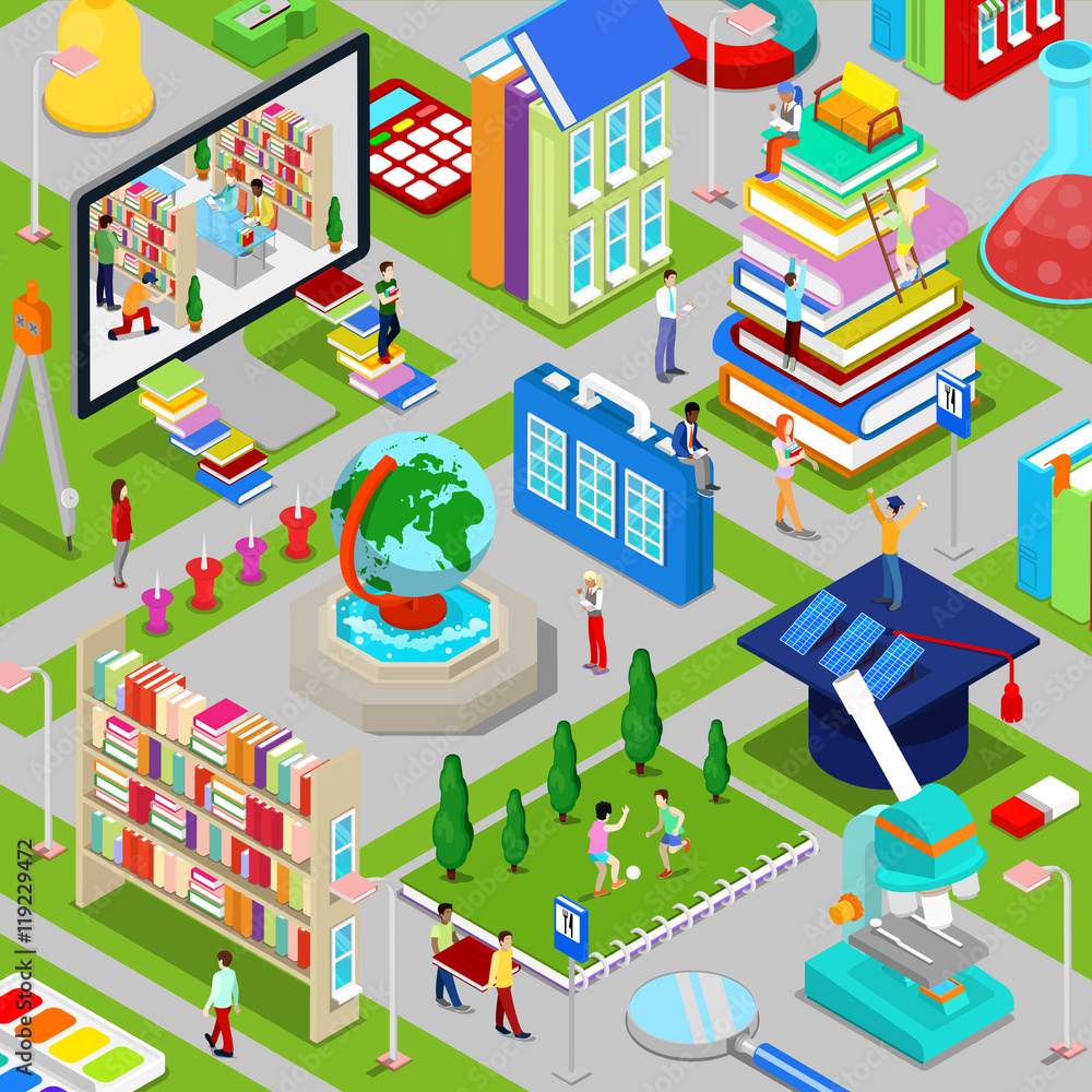 Isometric City of Education with Books Architecture and People. Vector illustration Isometric City of Education with Books Architecture and People. Vector illustration