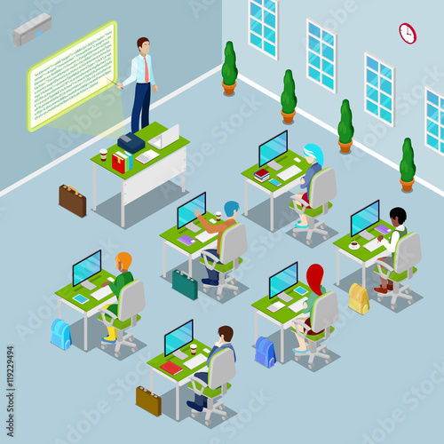 Isometric Computer Classroom with Teacher and Students on Lection. Vector illustration