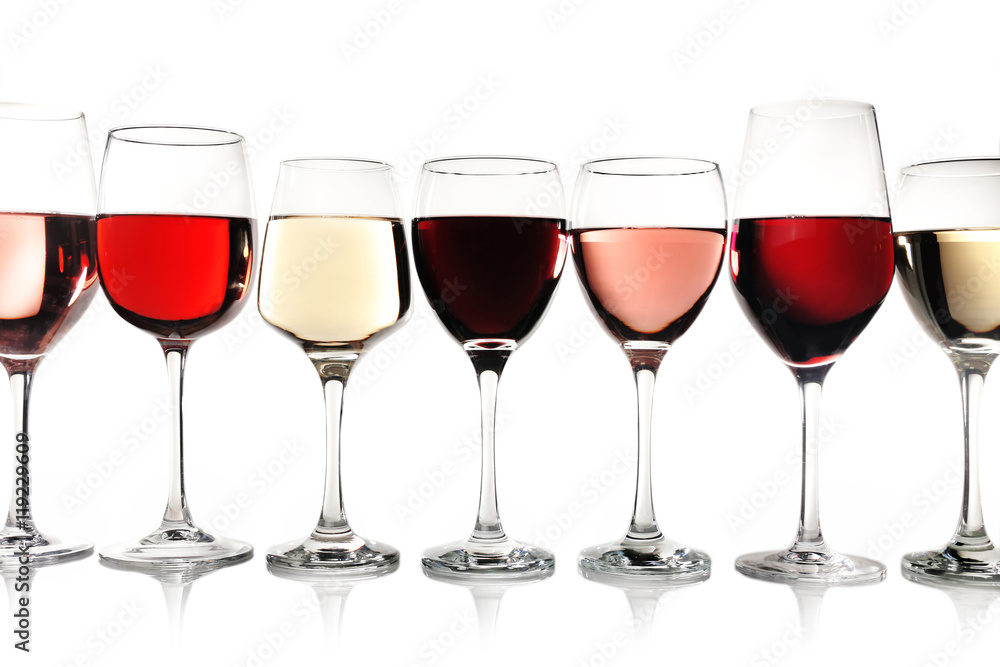 Glasses of rose, red and white wine isolated on white Glasses of rose, red and white wine isolated on white