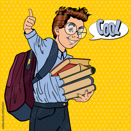 Back to School - Happy Schoolboy with Backpack and Books Gesturing Great. Pop Art Vector illustration