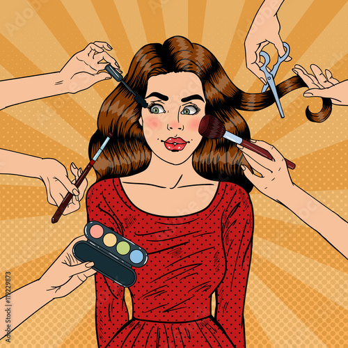 Many Hands Doing Glamour Make up for Young Woman. Pop Art Vector illustration