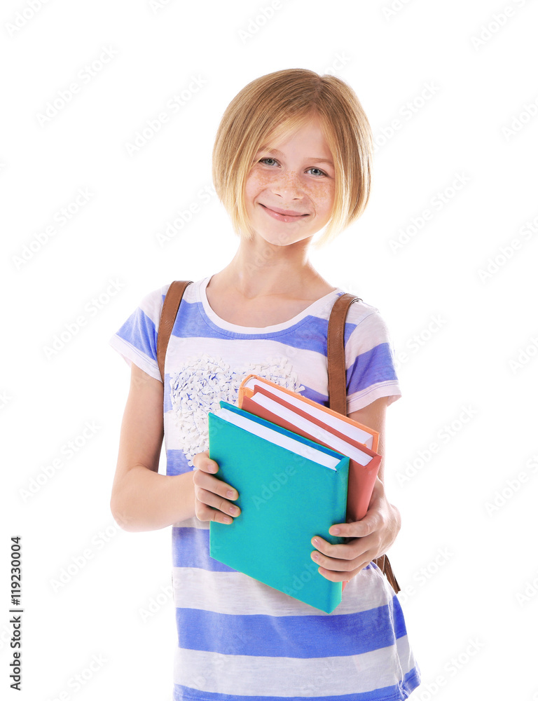 Beautiful schoolgirl with books, isolated on white Beautiful schoolgirl with books, isolated on white