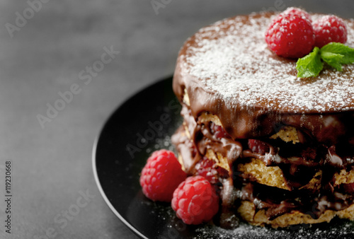 Tasty raspberry cake on grey background, closeup