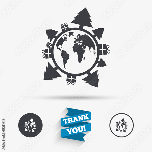 Happy new year earth sign icon. Gifts and trees.