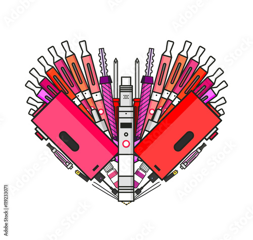 Illustration of vaporizer and vaping accessories a heart form, Love vape, flat vector art