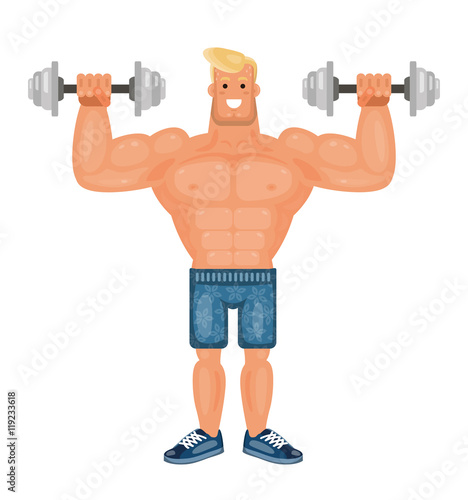 Beautiful pumped up bodybuilder man doing exercises with dumbbells and smiling, flat vector illustration