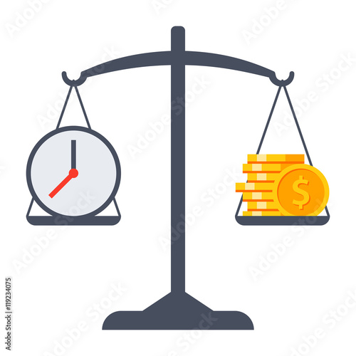 Business decisions concept with time and money on scales.