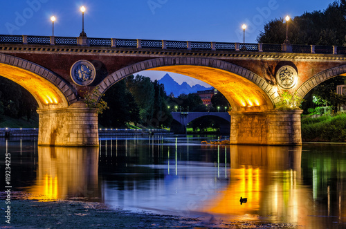 Turin (Torino) beautiful scenery at twilight with river Po, Ponte Isabella and Monviso © Marco Saracco