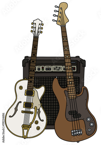 Hand drawing of classic white and brown bass electric guitars with the combo