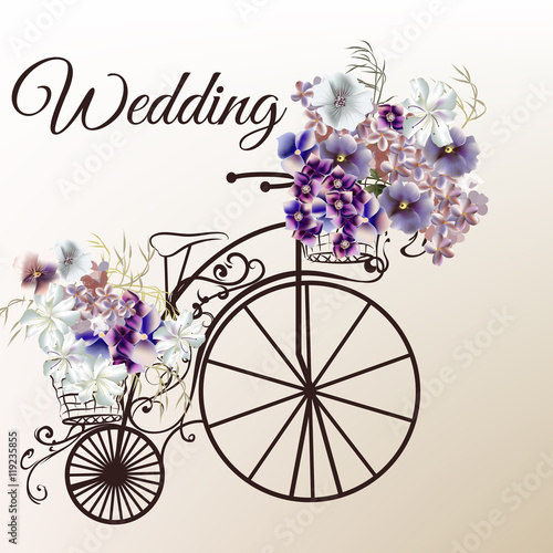 Cute vector invitation with fake bicycle and flowers