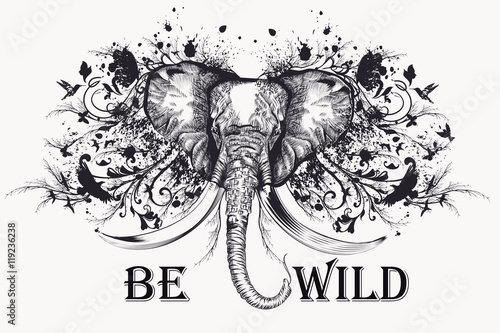 Illustration with elephant, flourishes, ink spots and butterflie