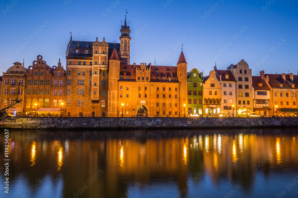 Gdansk,Poland-September 19,2015:The old town in Gdansk at dusk Gdansk,Poland-September 19,2015:The old town in Gdansk at dusk
