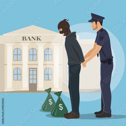 Illustration of a Robber with Money Bags Arrested by Police