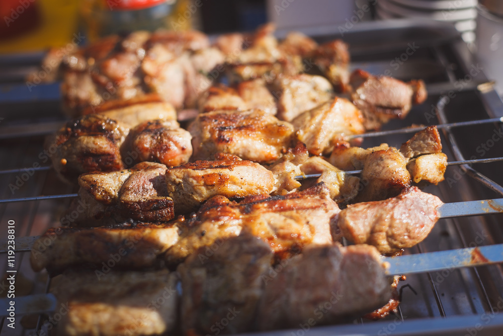 juicy meat on skewers at the festival juicy meat on skewers at the festival