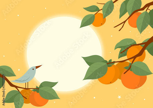 Full moon and persimmon tree with bird. Mid Autumn Festival, Chuseok, Thanksgiving Background.