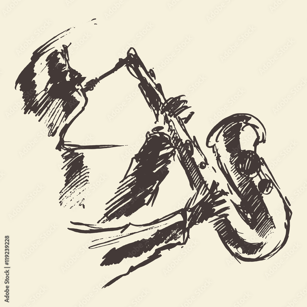 Man playing saxophone drawn vector sketch.