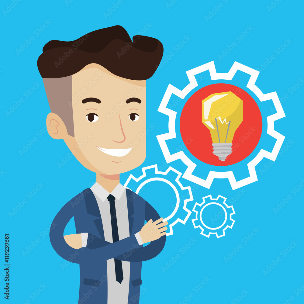 Man with business idea bulb in gear. Man with business idea bulb in gear.