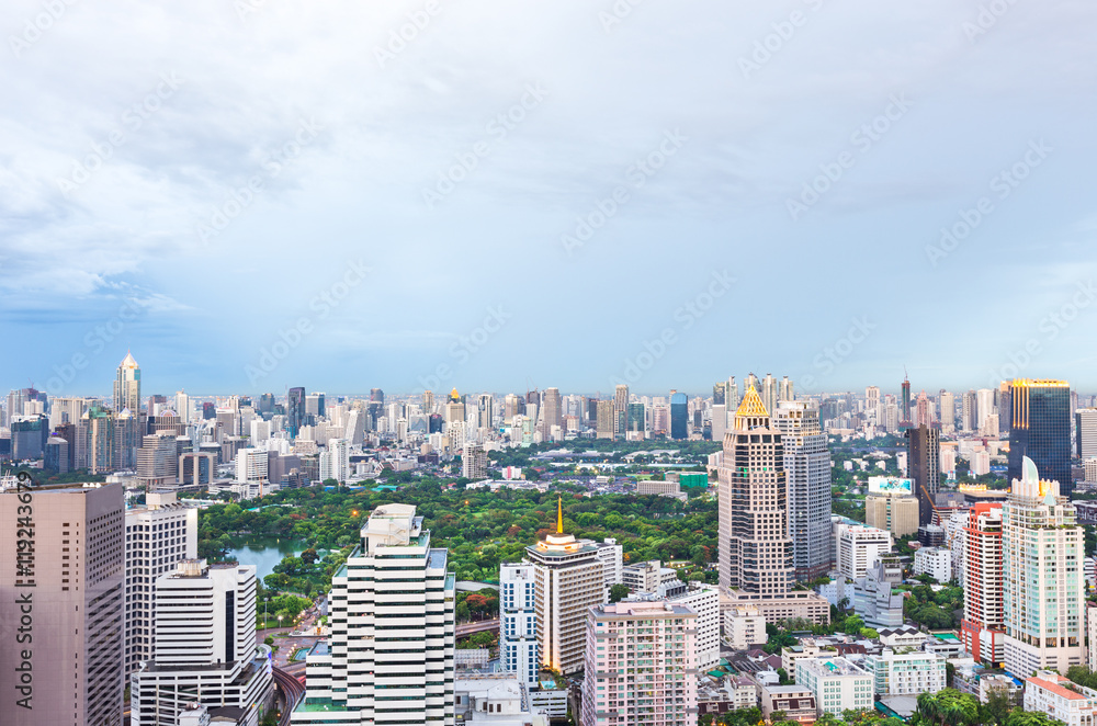 Top view of green park in big city at twilight, Bangkok Thailand