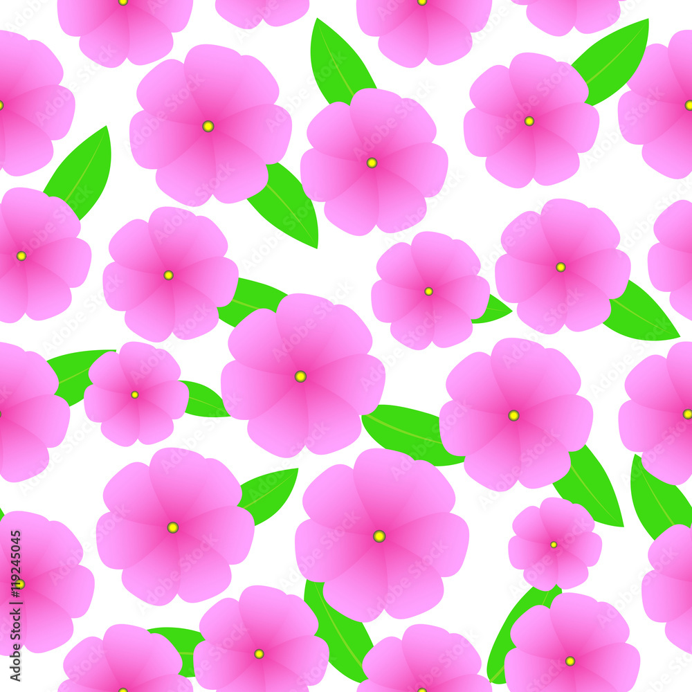 Seamless background of Spring illustration with pink flowers and leaves ...