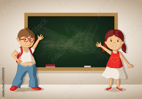 Vector little boy and girl at the blackboard in the classroom.