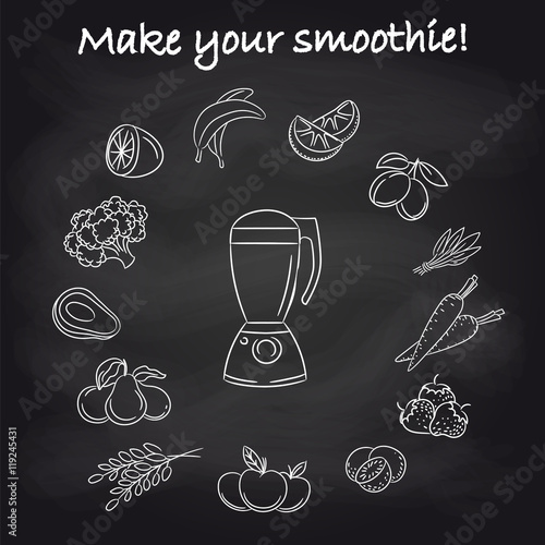 Hand drawn blender and popular smoothie ingredients on chalkboard. Vector illustration