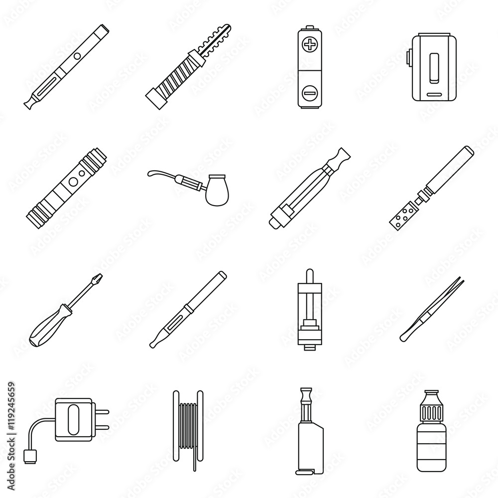 Vape icons set in outline style. Electronic cigarette and accessories set collection vector illustration Vape icons set in outline style. Electronic cigarette and accessories set collection vector illustration