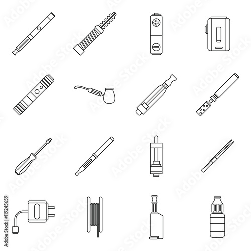 Vape icons set in outline style. Electronic cigarette and accessories set collection vector illustration