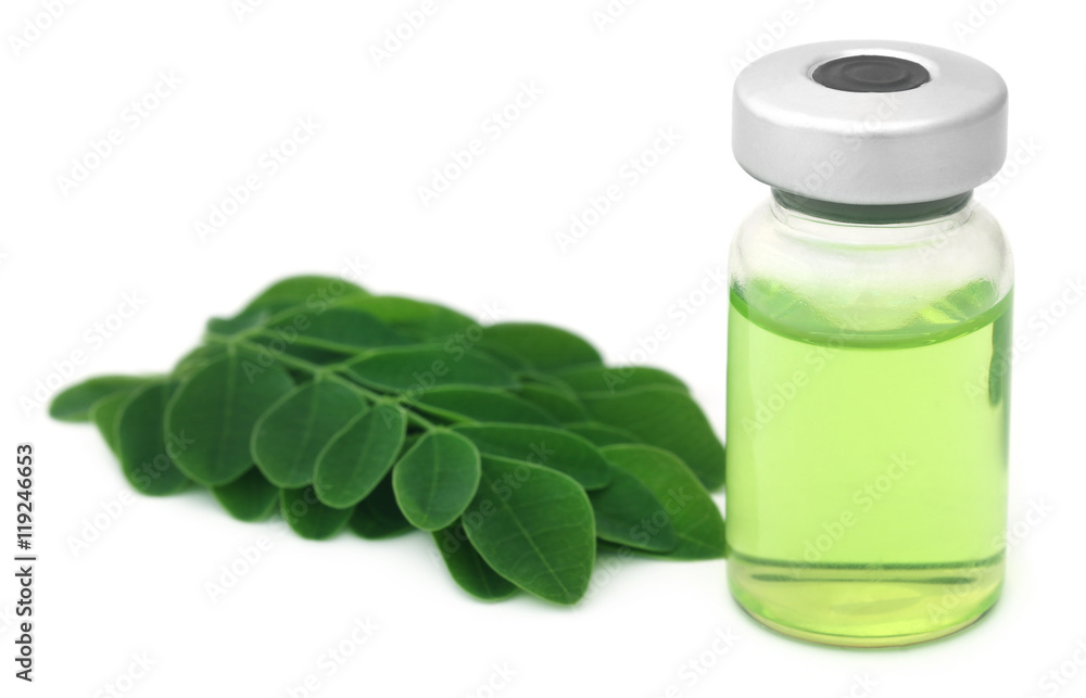 Moringa leaves with extract in a vial Moringa leaves with extract in a vial