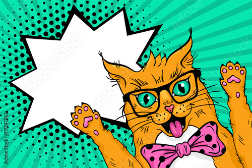 Wow pop art red cat  face. Funny surprised cat in glasses with open mouth rising his paws up. Vector illustration in retro comic style. Vector pop art background.