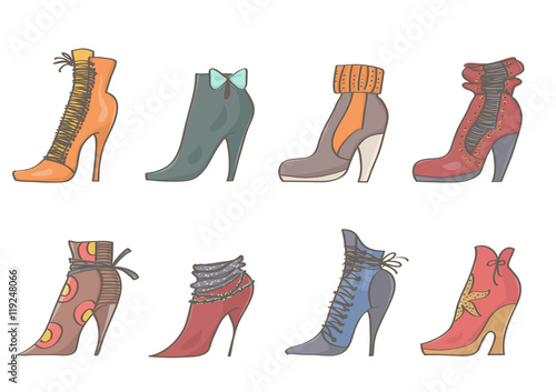 Set of colorful, stylish female boots. Vector collection of high heels booties on white background.