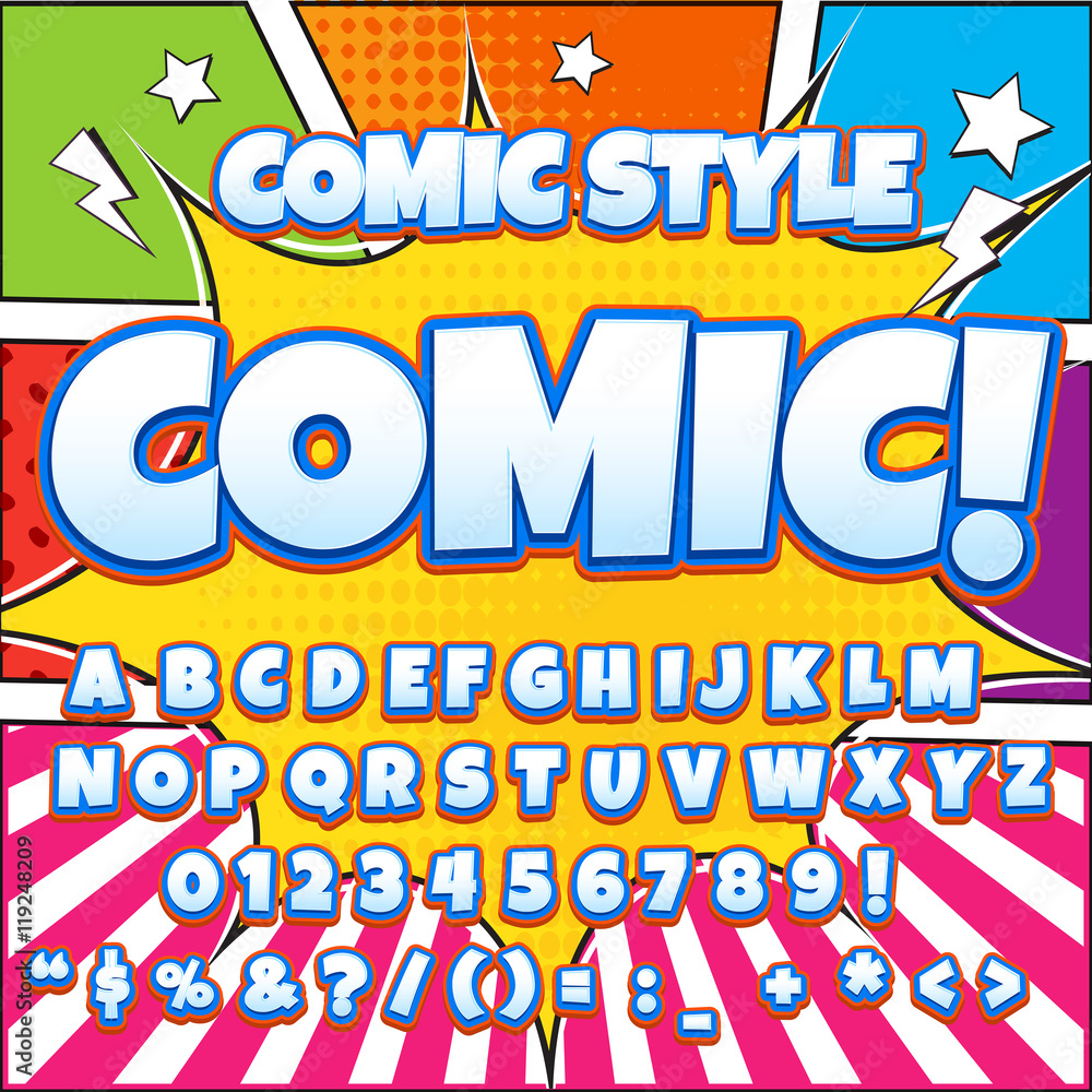 Alphabet collection set. Comic pop art style. Light color version. Letters, numbers and figures for kids