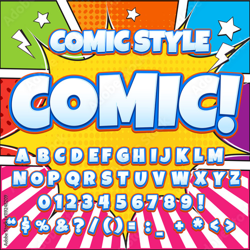 Alphabet collection set. Comic pop art style. Light color version. Letters  numbers and figures for kids