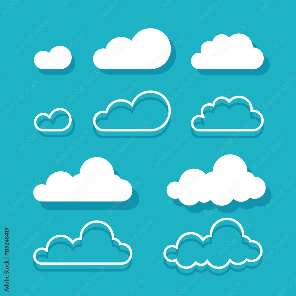 Clouds vector isolated on blue sky background, flat cartoon cloud set, collection of line art outline cloud shapes