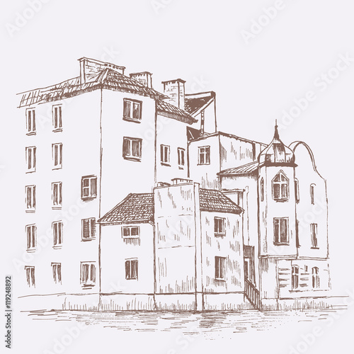 Vintage vector sketch tile old houses, Europe, Historical building travel sketchy line art isolated, retro grunge style, touristic postcard, poster, calendar template, page idea with european manson