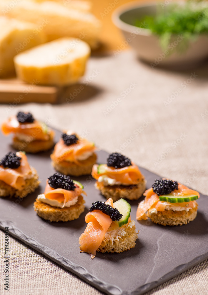 Smoked Salmon Canapes with Sour Cream and Caviar