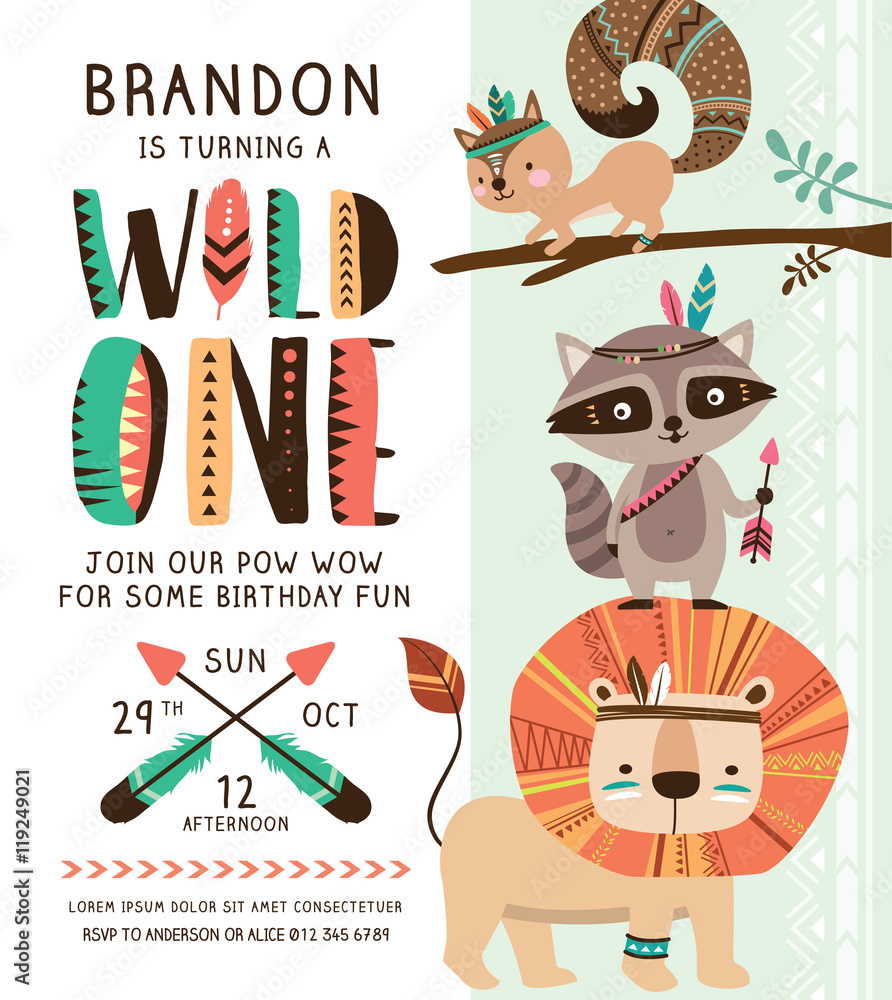 Kids birthday party invitation card with cartoon tribal animals. Stock  Vector | Adobe Stock
