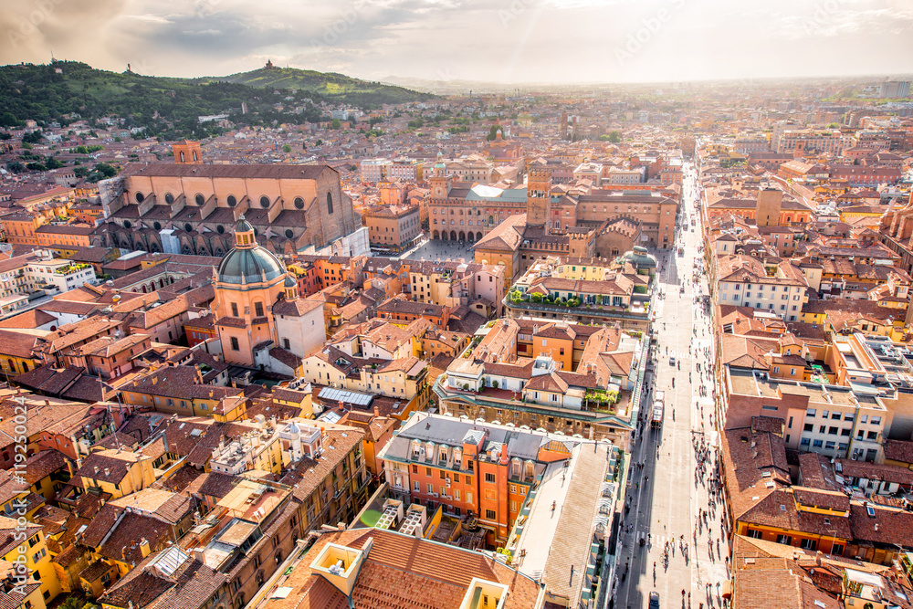Aerial cityscape view from the tower on Bologna old town in Italy