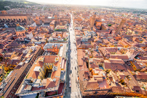 Aerial cityscape view from the tower on Bologna old town in Italy photo