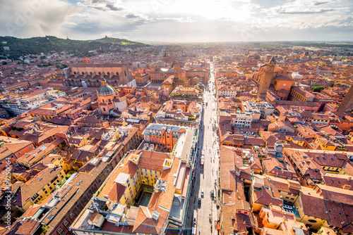 Aerial cityscape view from the tower on Bologna old town in Italy photo