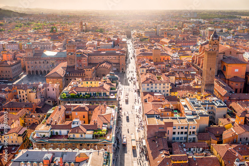Photography Aerial cityscape view from the tower on Bologna old town in Italy