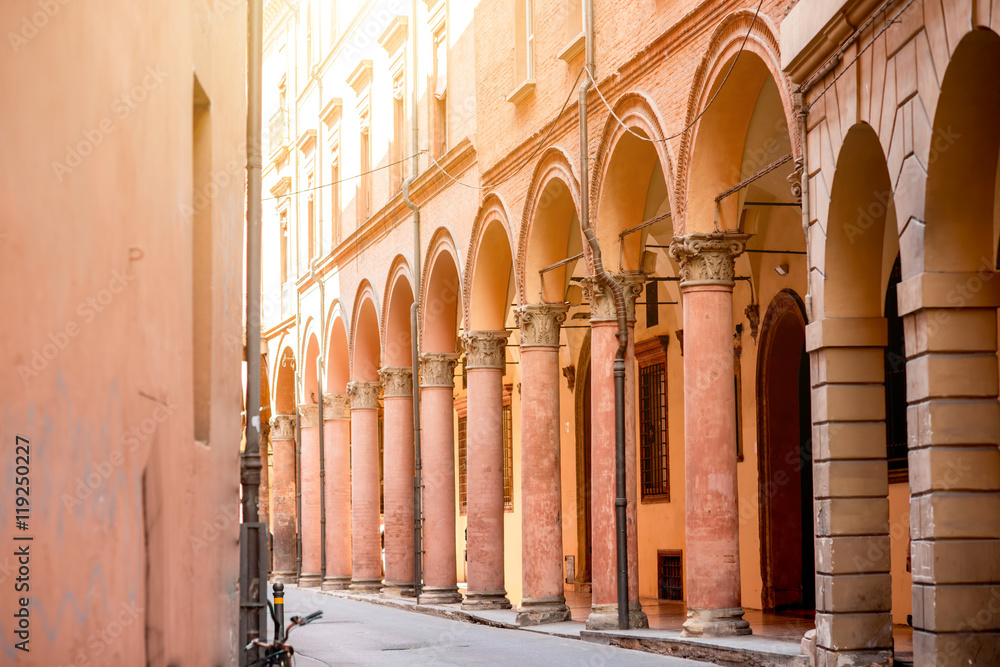Street view with gallery in Bologna city in Italy