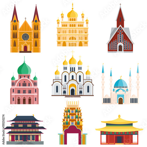 Cathedral and churche infographic temple building landmark tourism vector. Temple building world religions. Cathedral and churche temple building.
