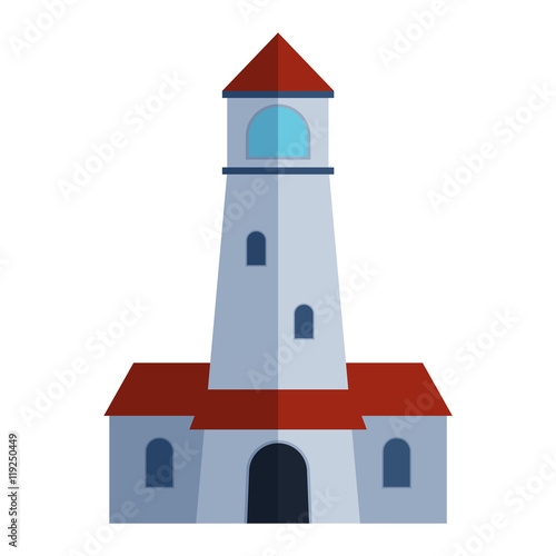 Vector cartoon flat lighthouse. Searchlight tower for maritime navigation guidance. Ocean beacon light vector tower lighthouse. Travel lighthouse water sailing signal navigation symbol.