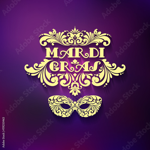Ornate golden mask and decorative inscription on blurred background Mardi Gras