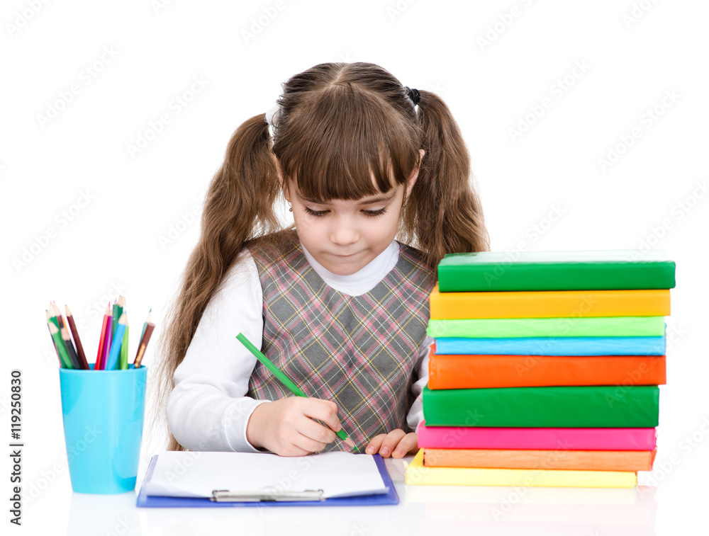 schoolgirl write test. isolated on white background schoolgirl write test. isolated on white background