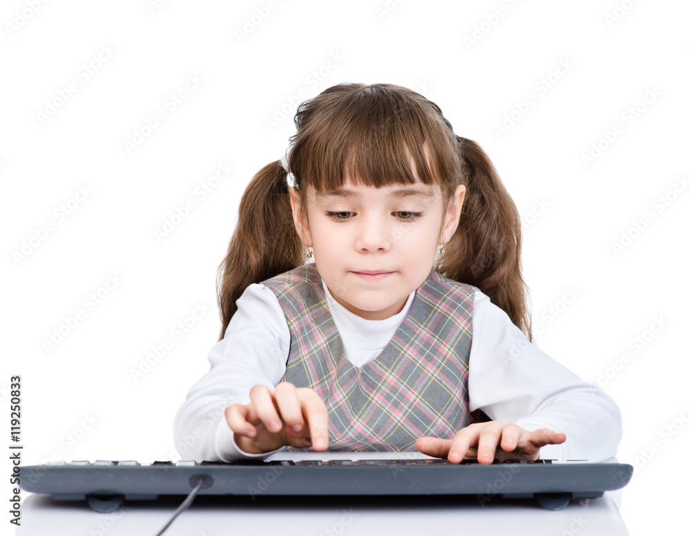 young girl typing keyboard. isolated on white background young girl typing keyboard. isolated on white background