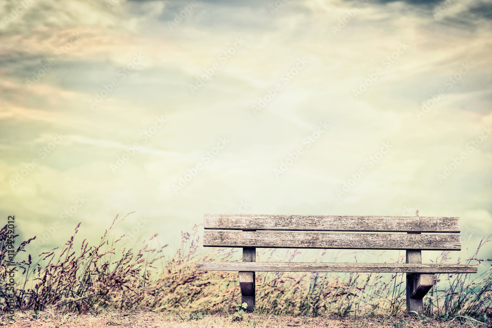 Empty bench on grass and sky background, outdoor nature Empty bench on grass and sky background, outdoor nature