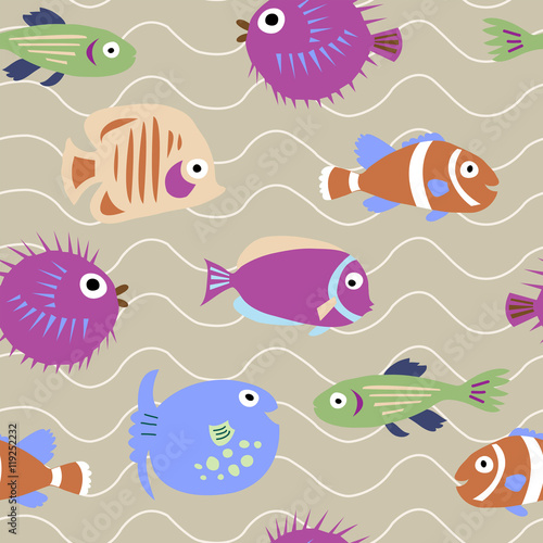 Seamless pattern with marine fish with waves