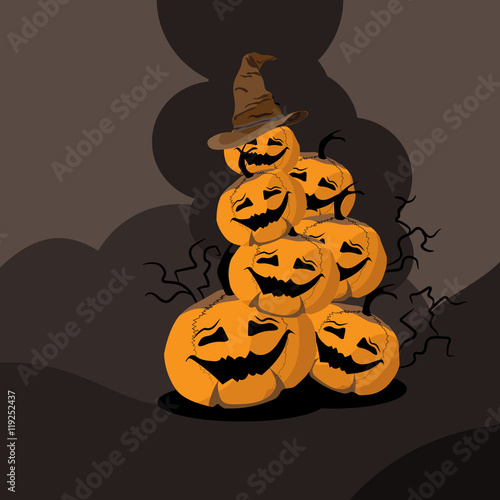 seven orange Halloween`s pumpkin stay in the pyramid