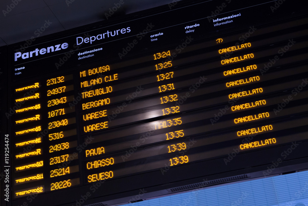 Fototapeta premium Timetable shows cancelled trains during strike.